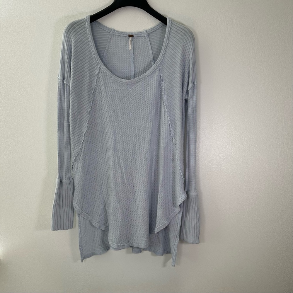 Free People Waffle Knit Thermal Top Blue Gray Long Sleeve Oversized M